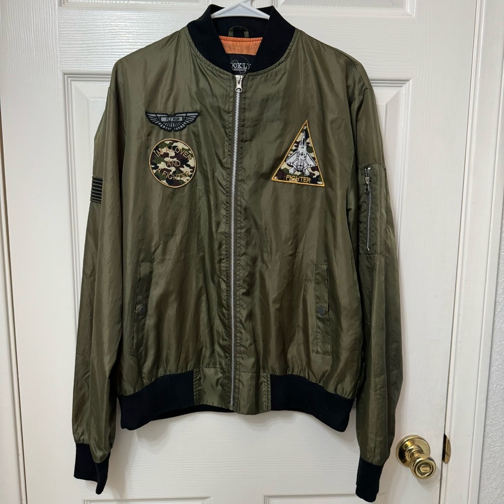 Brooklyn Standard Olive Green Black Bomber Jacket Zip Up  Patches Men’s Medium